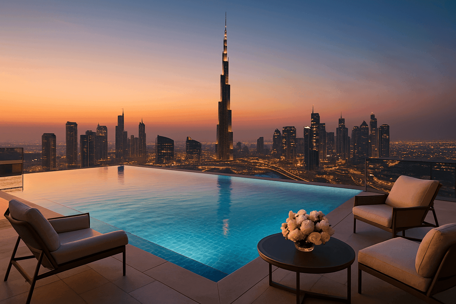 Dubai infinity pool at dusk with Burj Khalifa — the Primadom promise